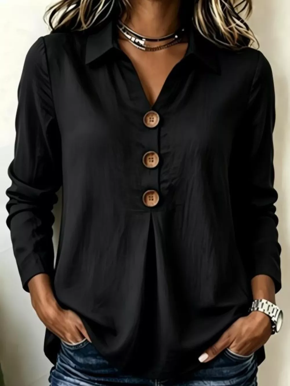 Full Size Button Detail Long Sleeve Blouse Plus Size, image 13