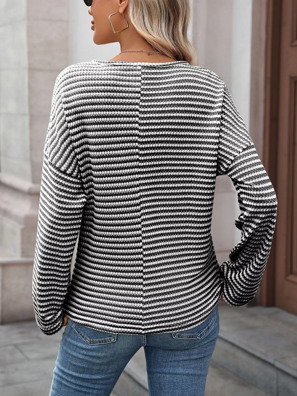 Striped Notched Long Sleeve T-Shirt, image 18