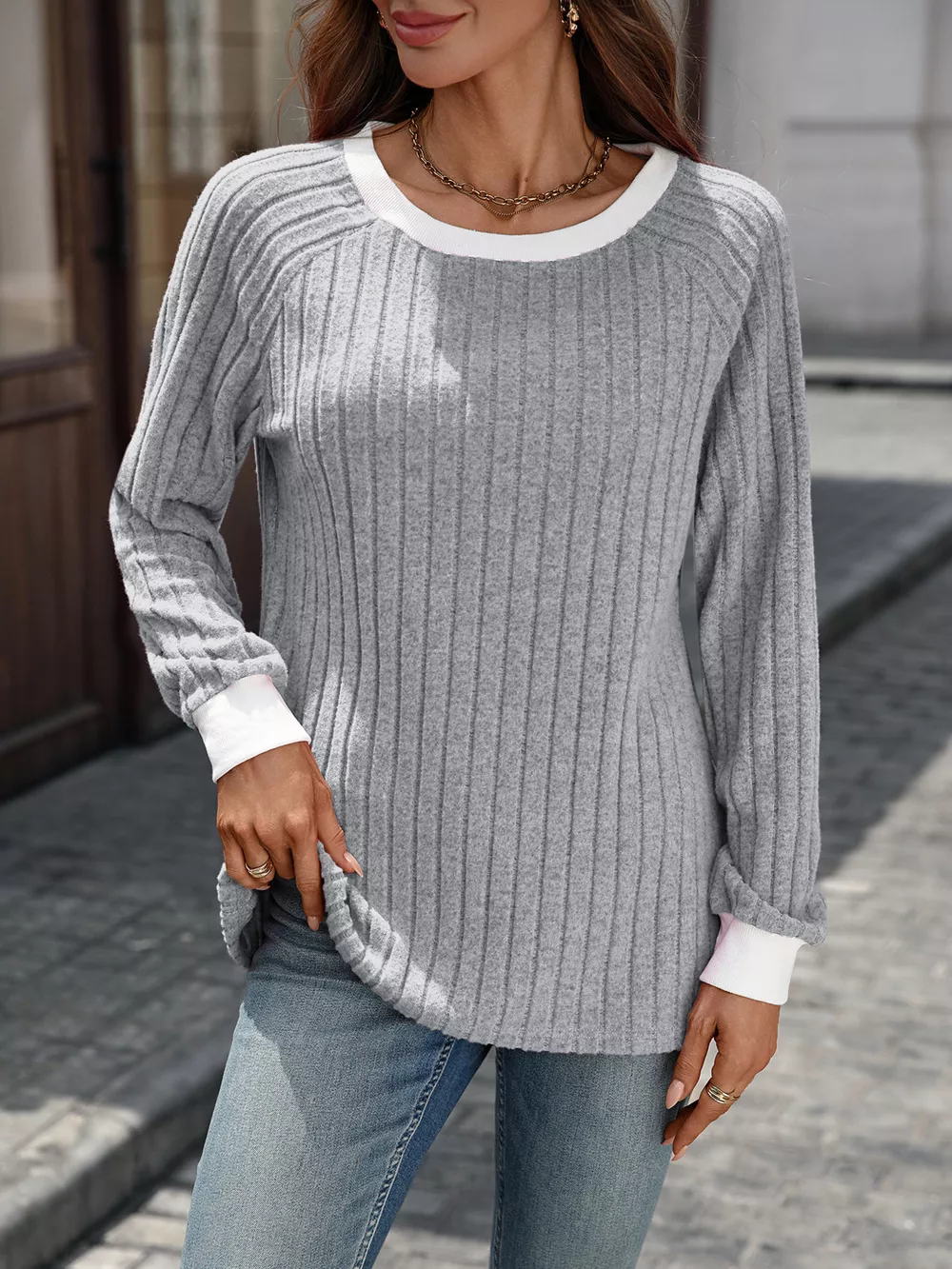 Ribbed Round Neck Raglan Sleeve Knit Top, image 6