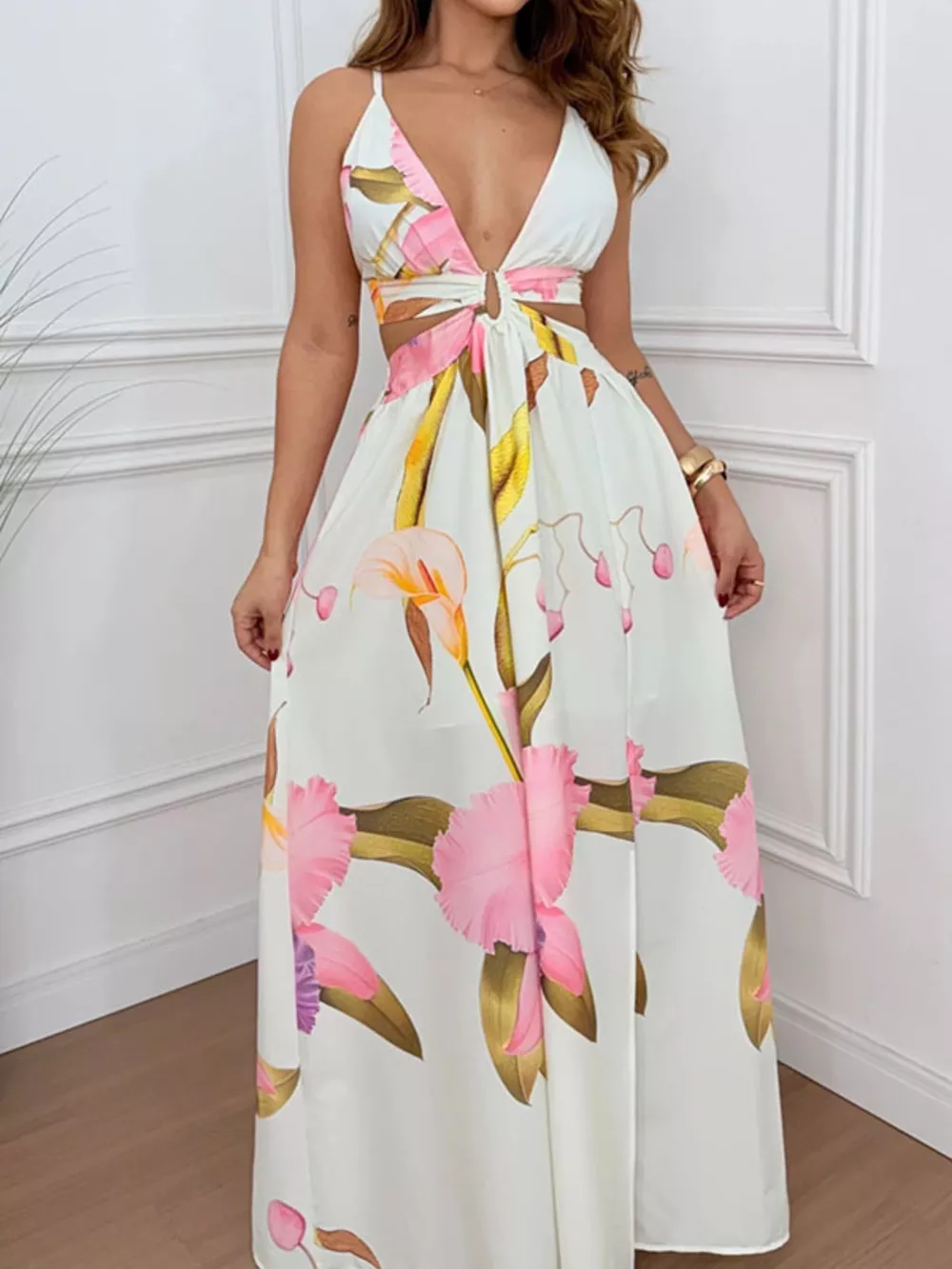 Tropical Print Plunge Cutout Slit Maxi Dress, image 6