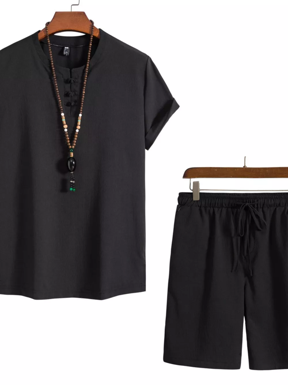 Men's Plus Size Mandarin Collar Short Sleeve Shirt and Shorts Set, image 3
