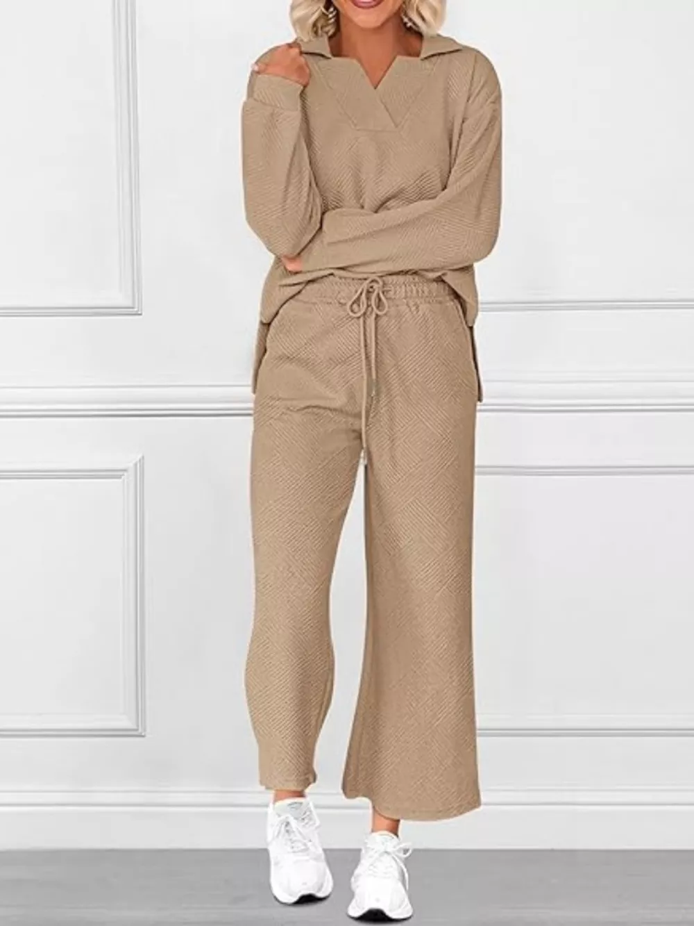 Side Slit Textured Top and Drawstring Pants Set, image 13