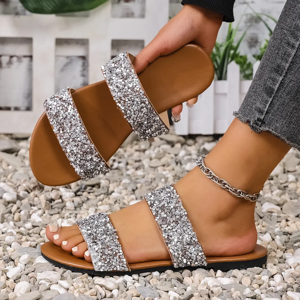 Sequin Open Toe Flats Sandals, image 11