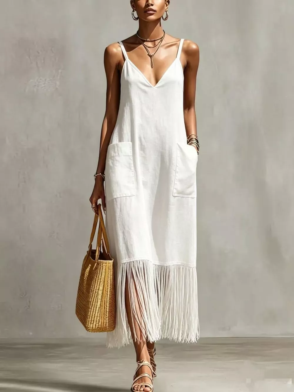 Full Size Fringe V-Neck Spaghetti Strap Dress Plus Size, image 7