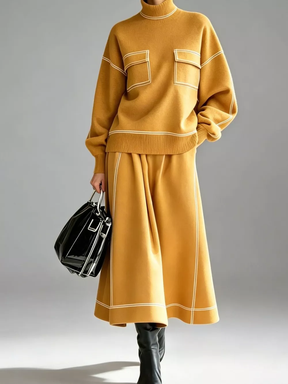 Turtleneck Knit Top and Midi Skirt Set, image 11