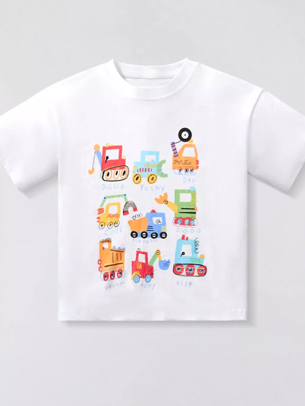 Children's Cartoon Construction Vehicle Crew Neck T-Shirt