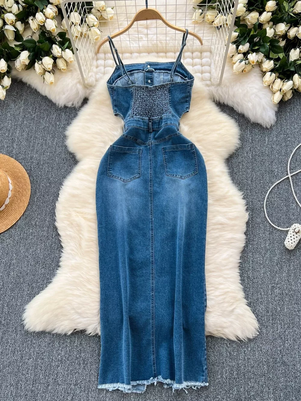 Sleeveless Frayed Hem Slit Denim Dress, image 3
