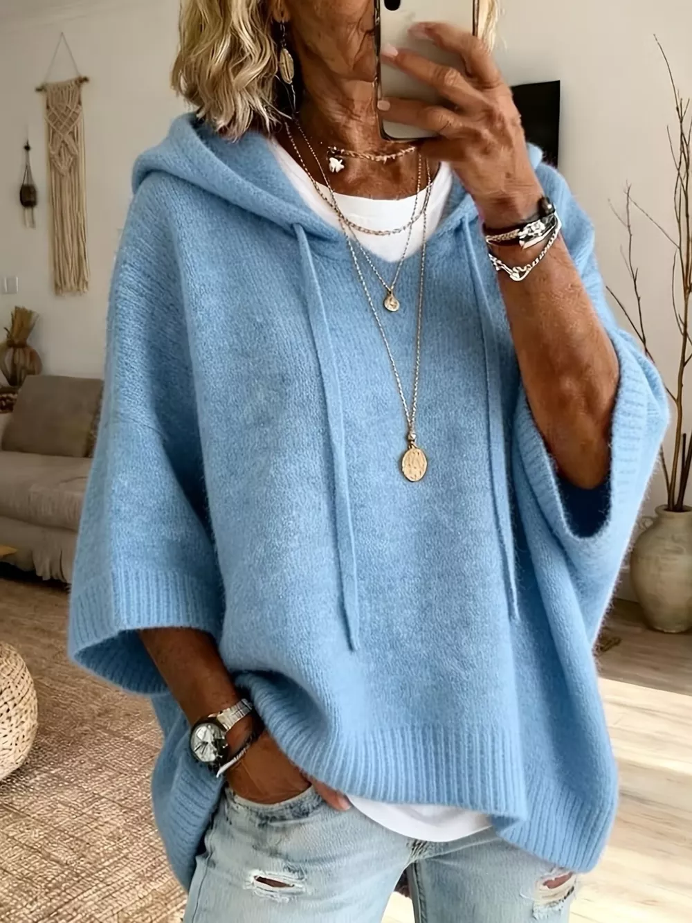 Casual Loose Fit Hooded Knit Sweater with Ribbed Hem, image 9