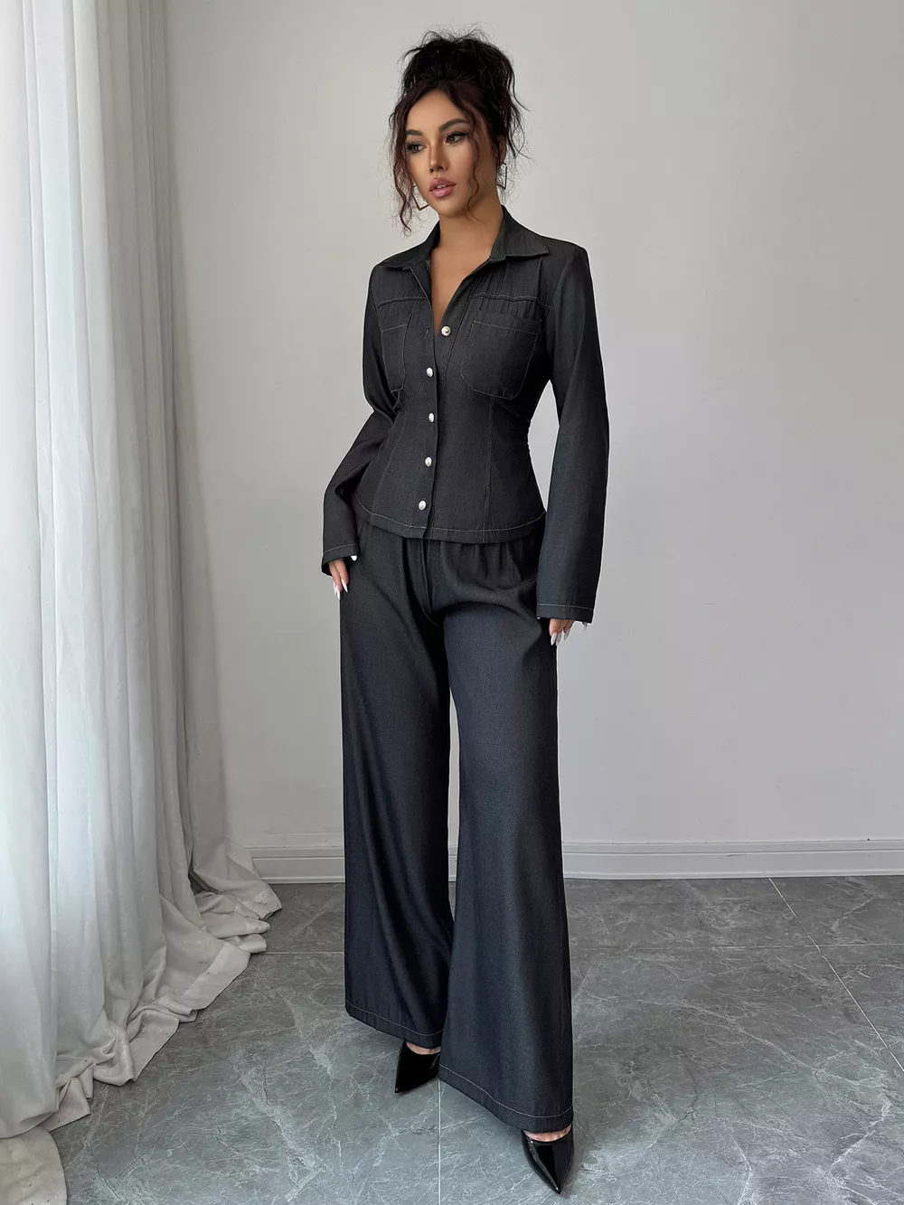 Button-Up Shirt & Wide Leg Pants Set, image 3