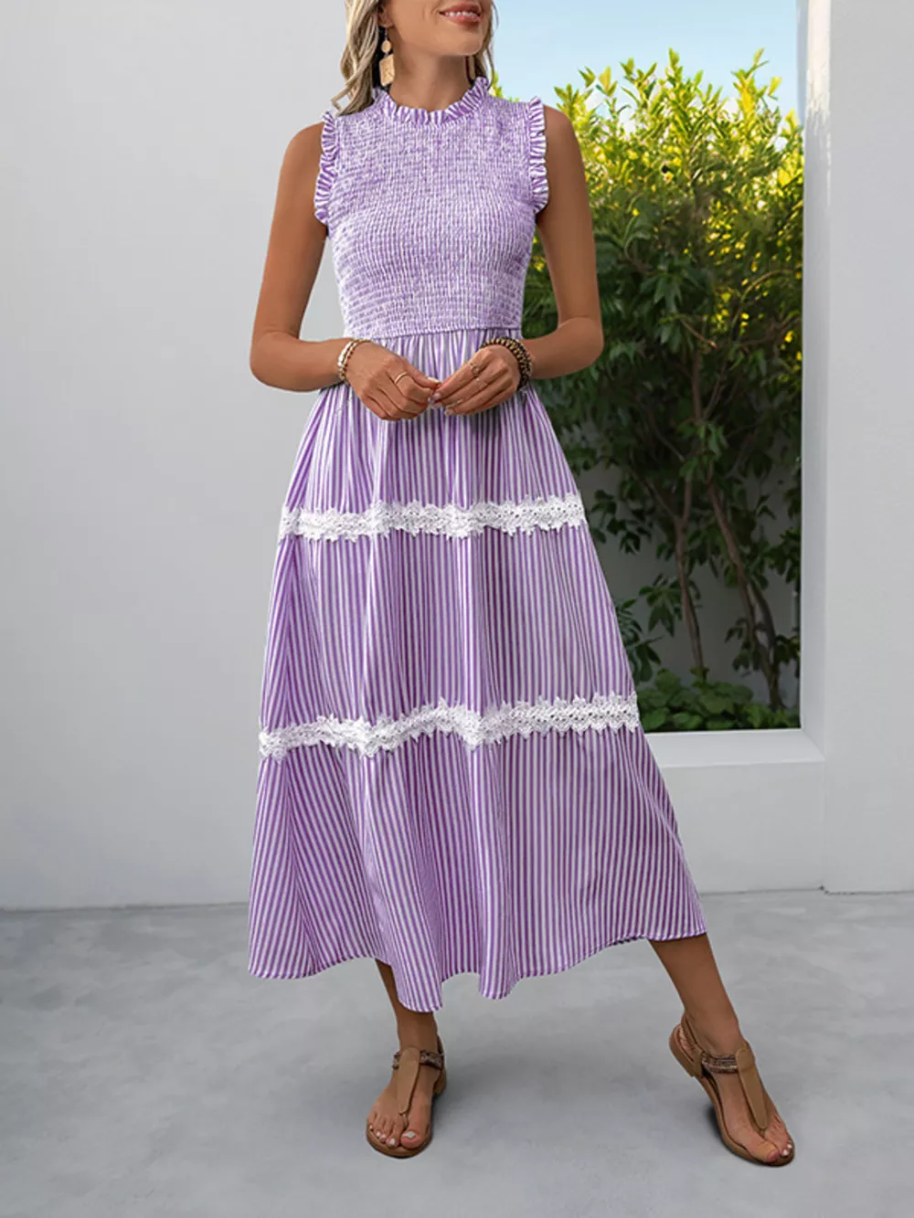 Smocked Striped Lace Trim Sleeveless Midi Dress, image 7