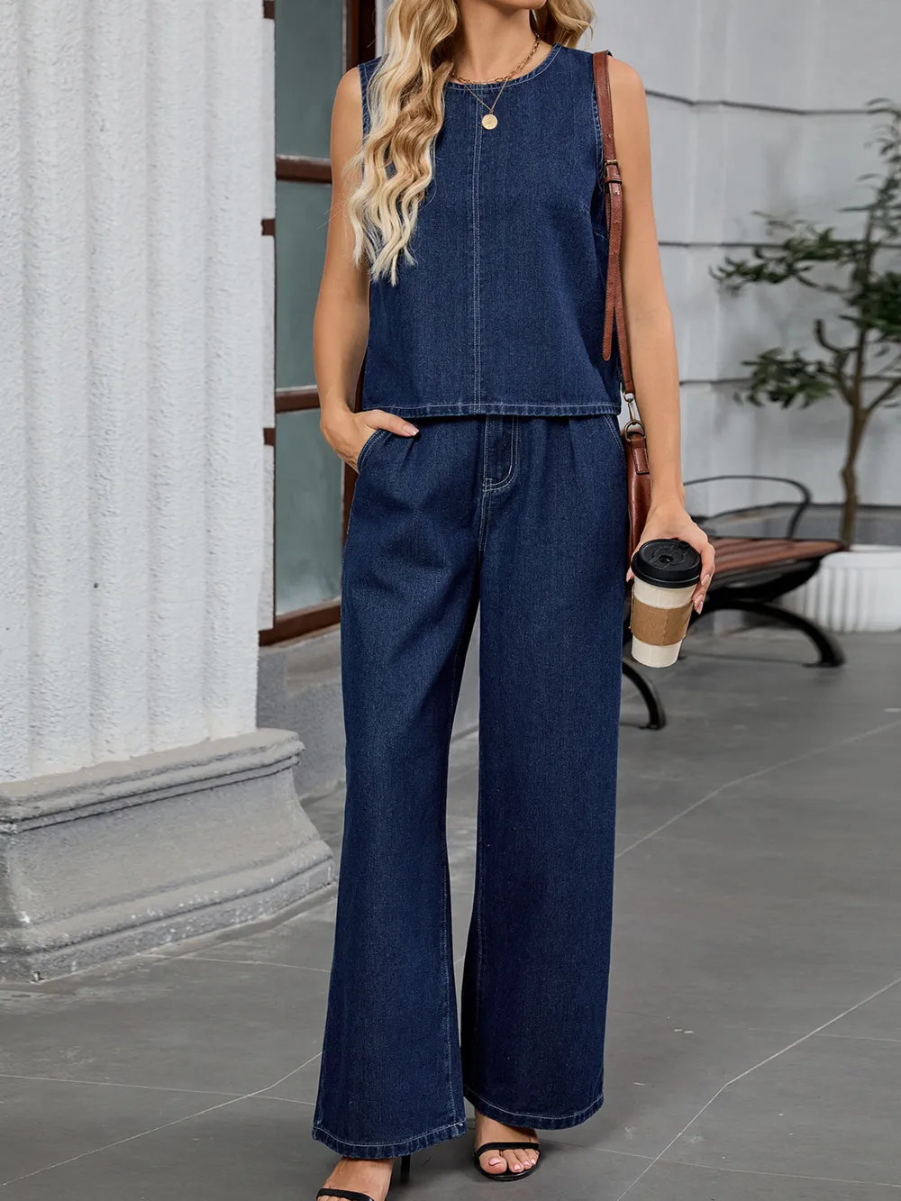 Round Neck Tank and Pants Denim Set, image 8