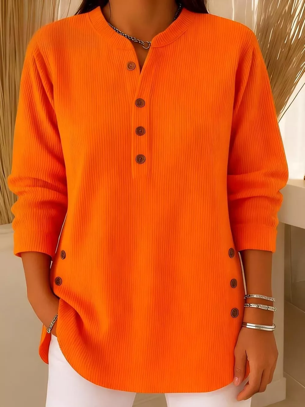 Full Size Ribbed Half Button Henley Top Plus Size, image 17