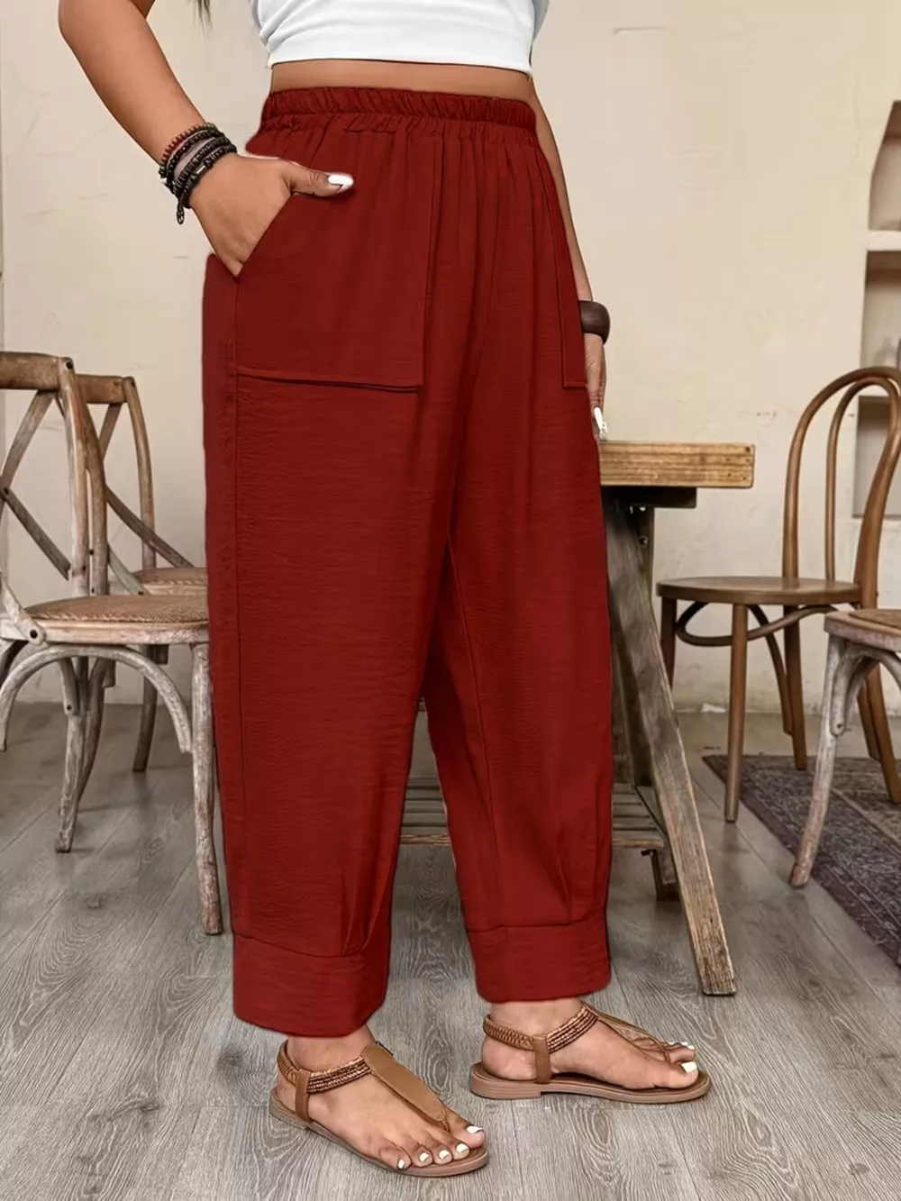Plus Size High-Waisted Elastic Waist Pants with Pockets, image 16