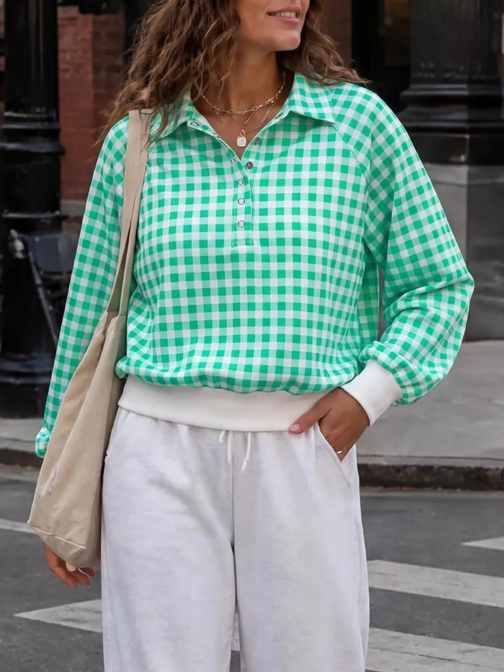 Gingham Plaid Collared Sweatshirt with Ribbed Hem, image 12