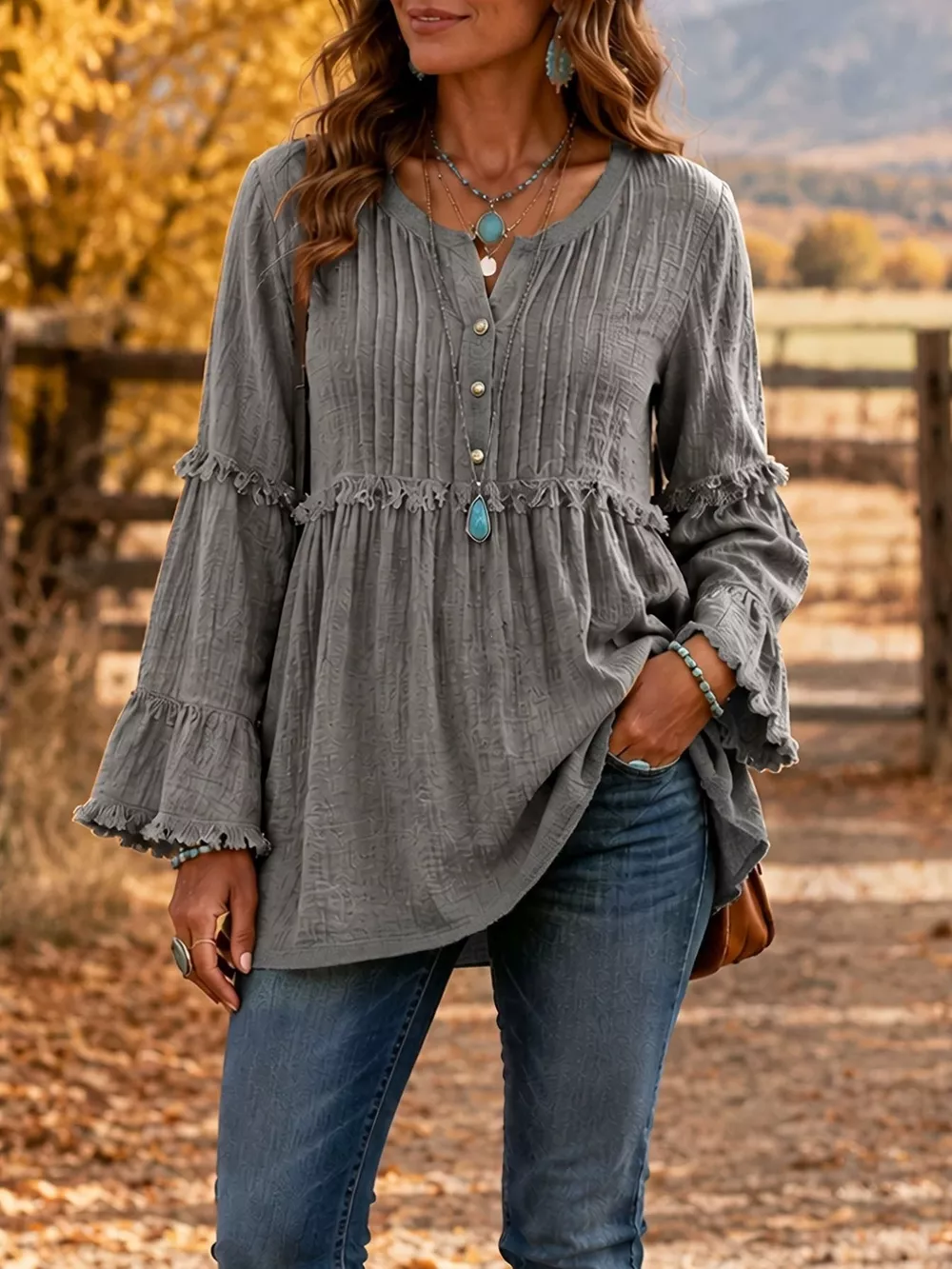 Full Size Fringe Trim Ruffle Sleeve Blouse Plus Size, image 8