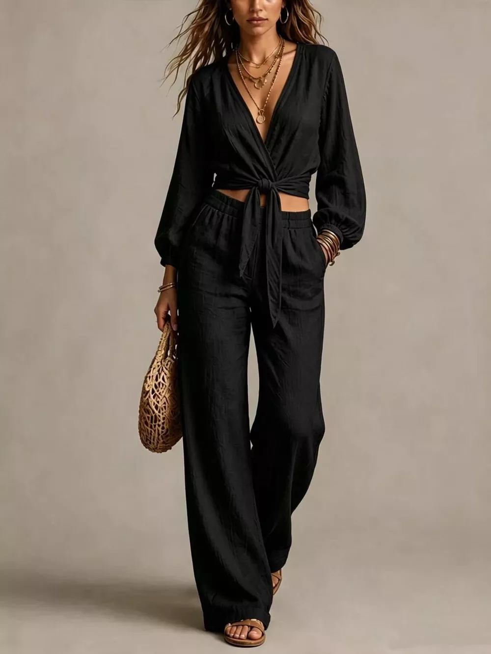 Tie-Front Crop Top and Wide-Leg Pant Set, image 5