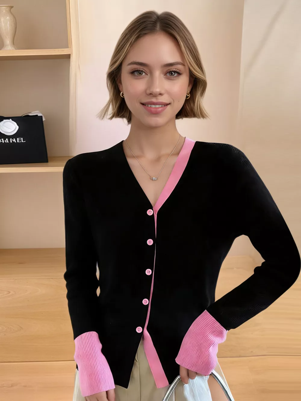 Contrast Trim Ribbed Knit Cardigan, image 4