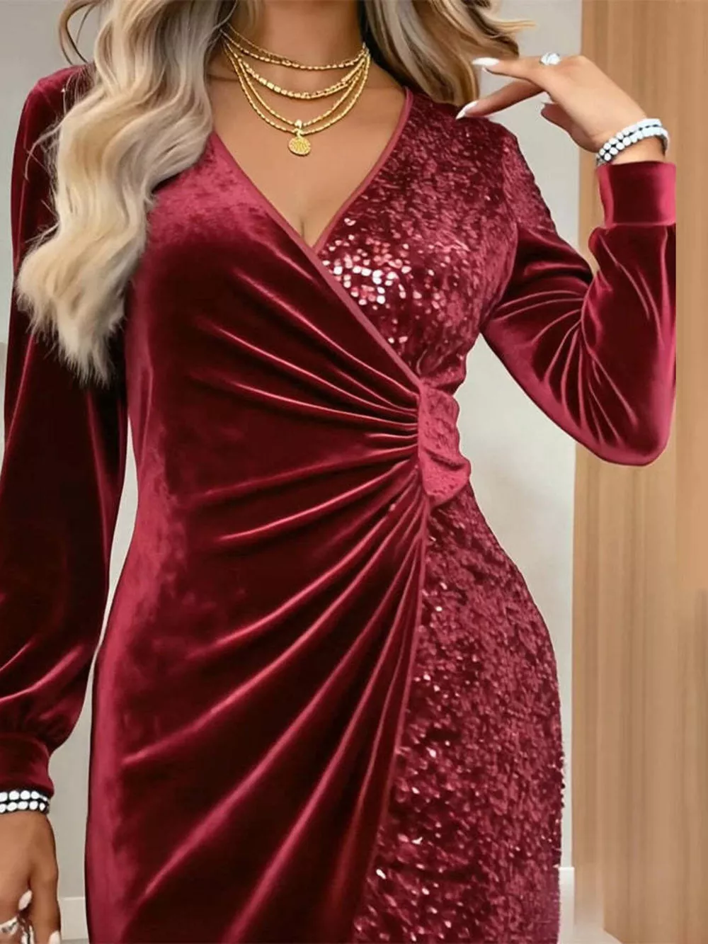 Velvet Sequin Long Sleeve Wrap Dress, image 11