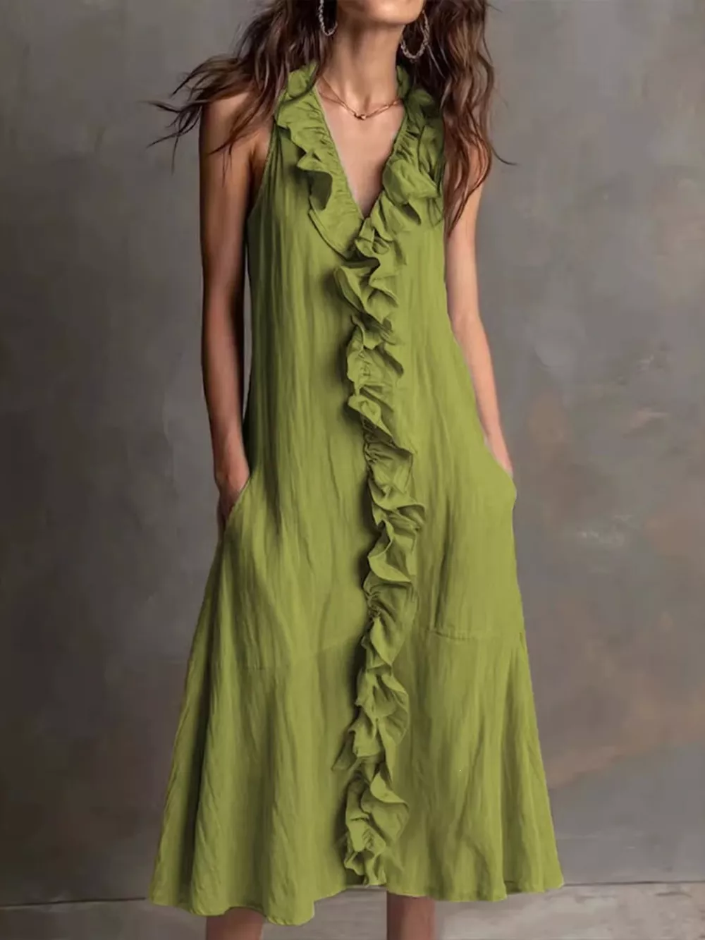 Sleeveless Ruffle Trim V-Neck Midi Dress