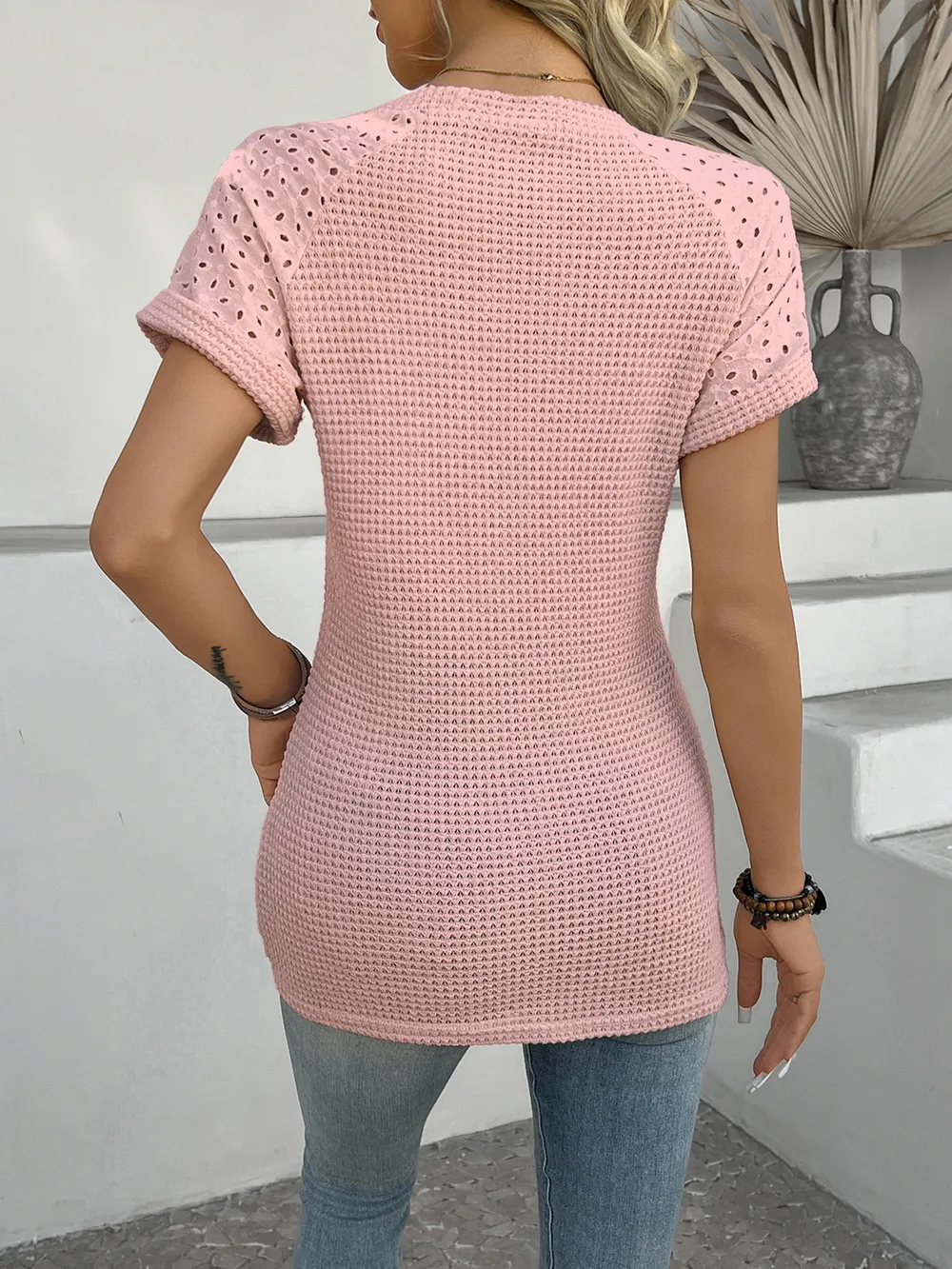 Hollow Out Waffle Knit Short Sleeve T-Shirt, image 21