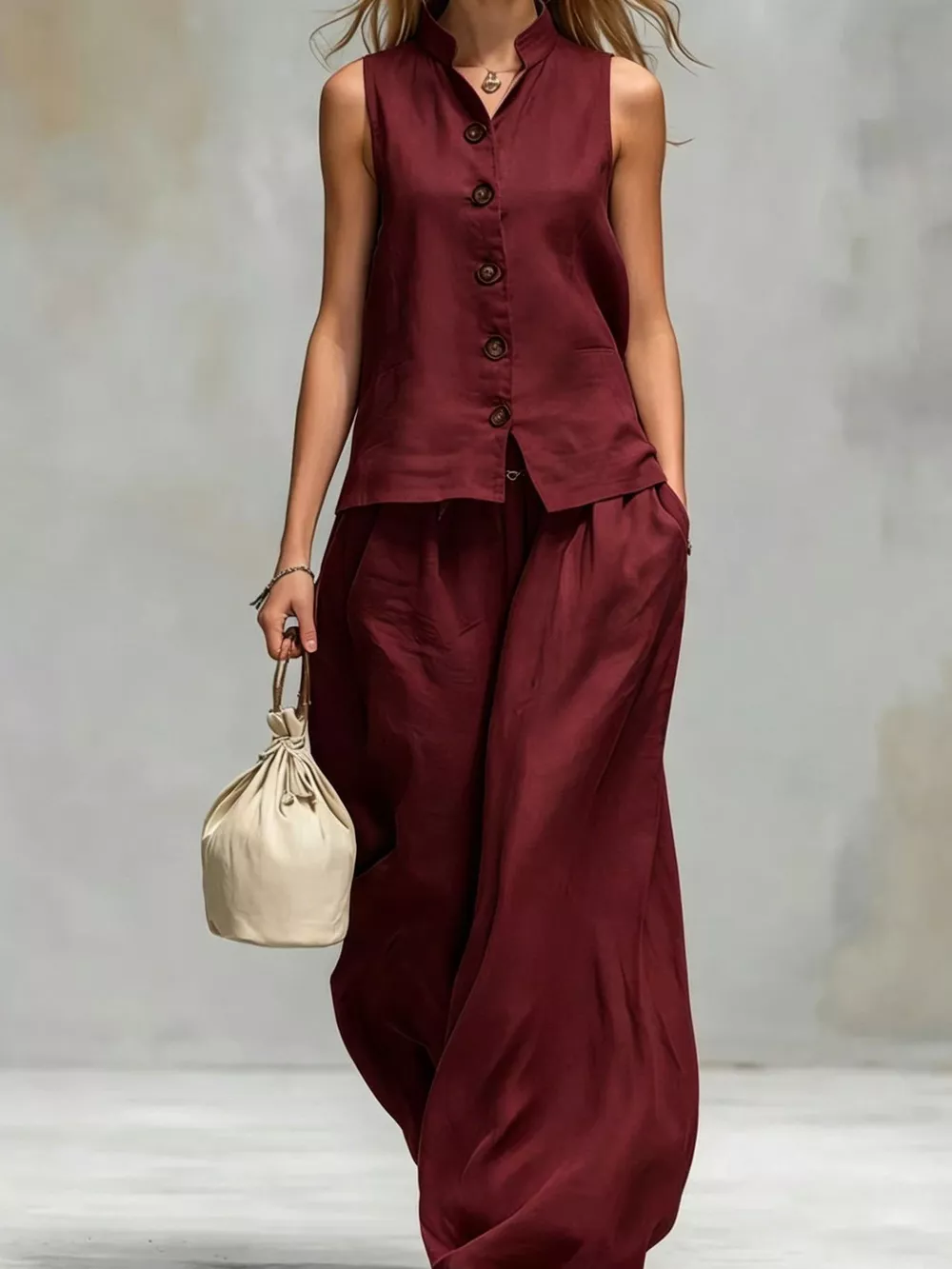 Sleeveless Button-Down Top and Wide-Leg Pant Set, image 9