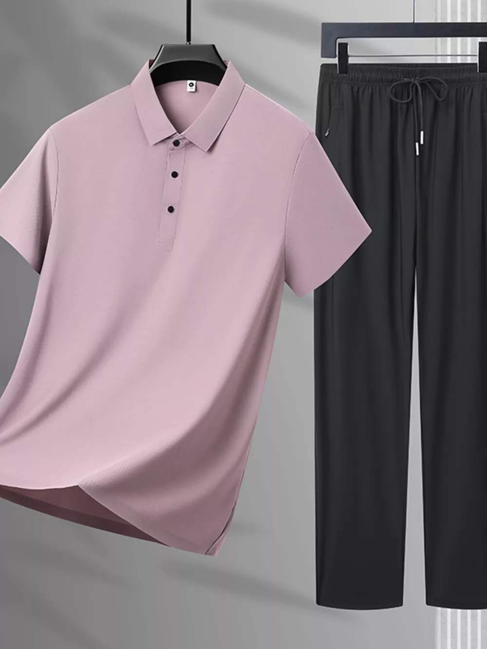 Men's Plus Size Button Detail Polo and Pants Set, image 2