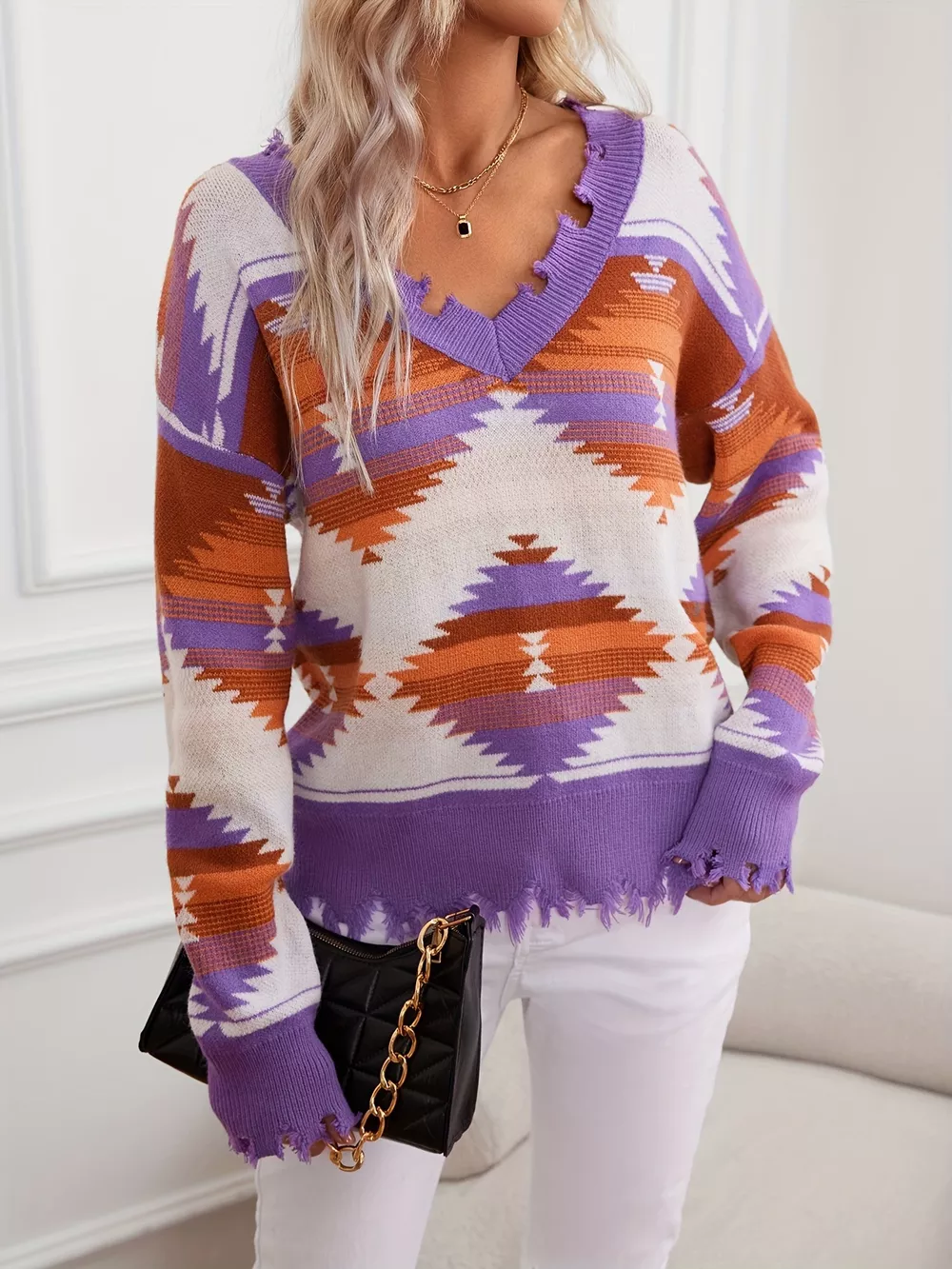 Geometric Frayed Hem V-Neck Long Sleeve Sweater, image 13