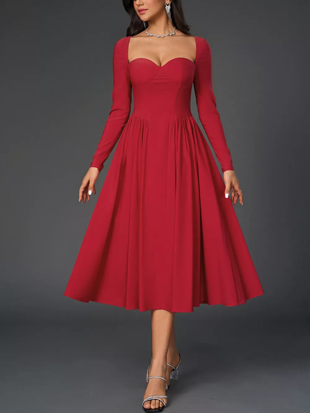 Sweetheart Neckline Long Sleeve A-Line Midi Dress, image 6