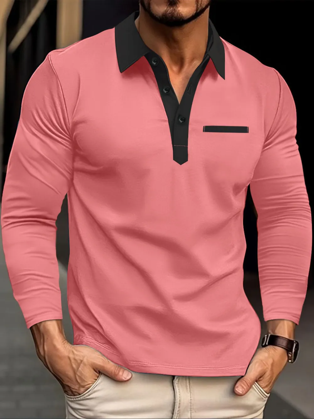Men's Full Size Long Sleeve Contrast Collar Polo Shirt Plus Size, image 4