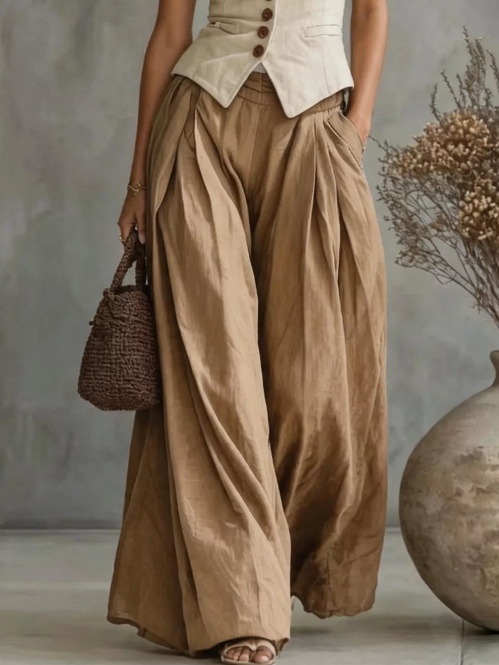High-Waisted Pleated Wide-Leg Pants, image 3