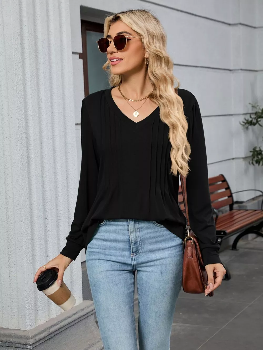 V-Neck Long Sleeve Relaxed Fit T-Shirt