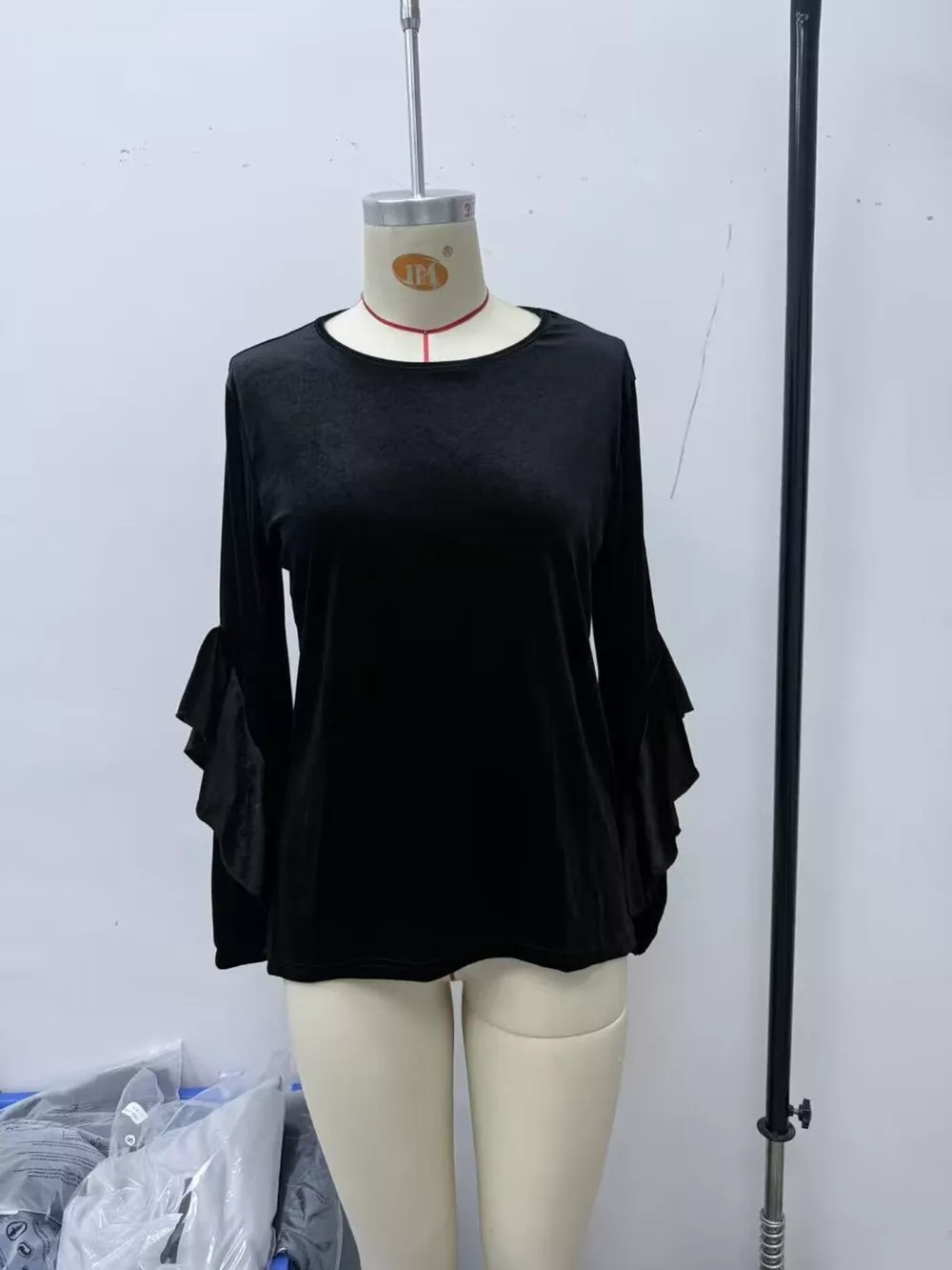 Velvet Round Neck Ruffle Sleeve Top, image 5