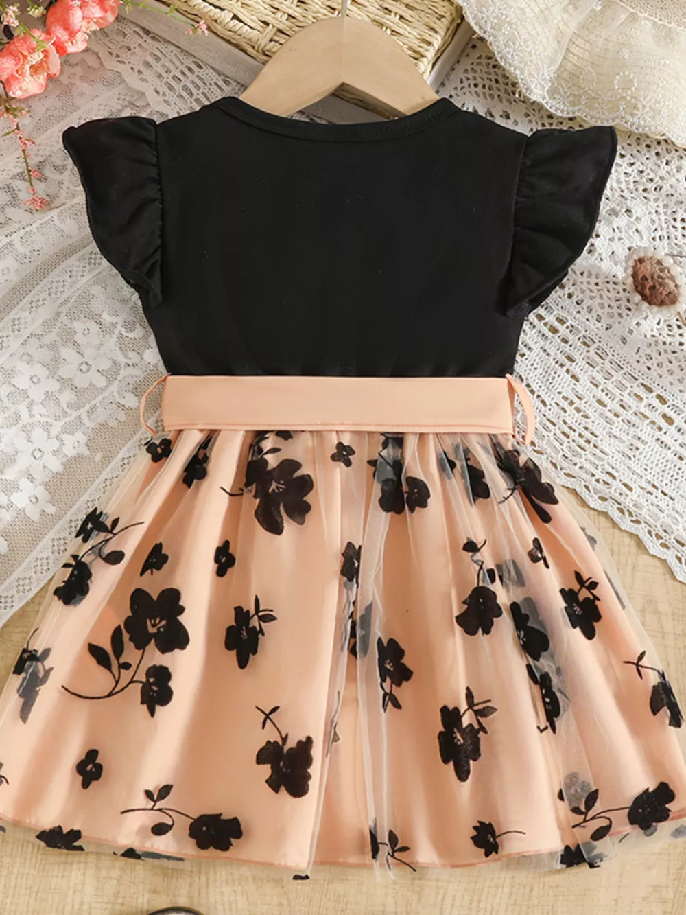 Children's Floral Print Mesh Bowknot Toddler Dress, image 3