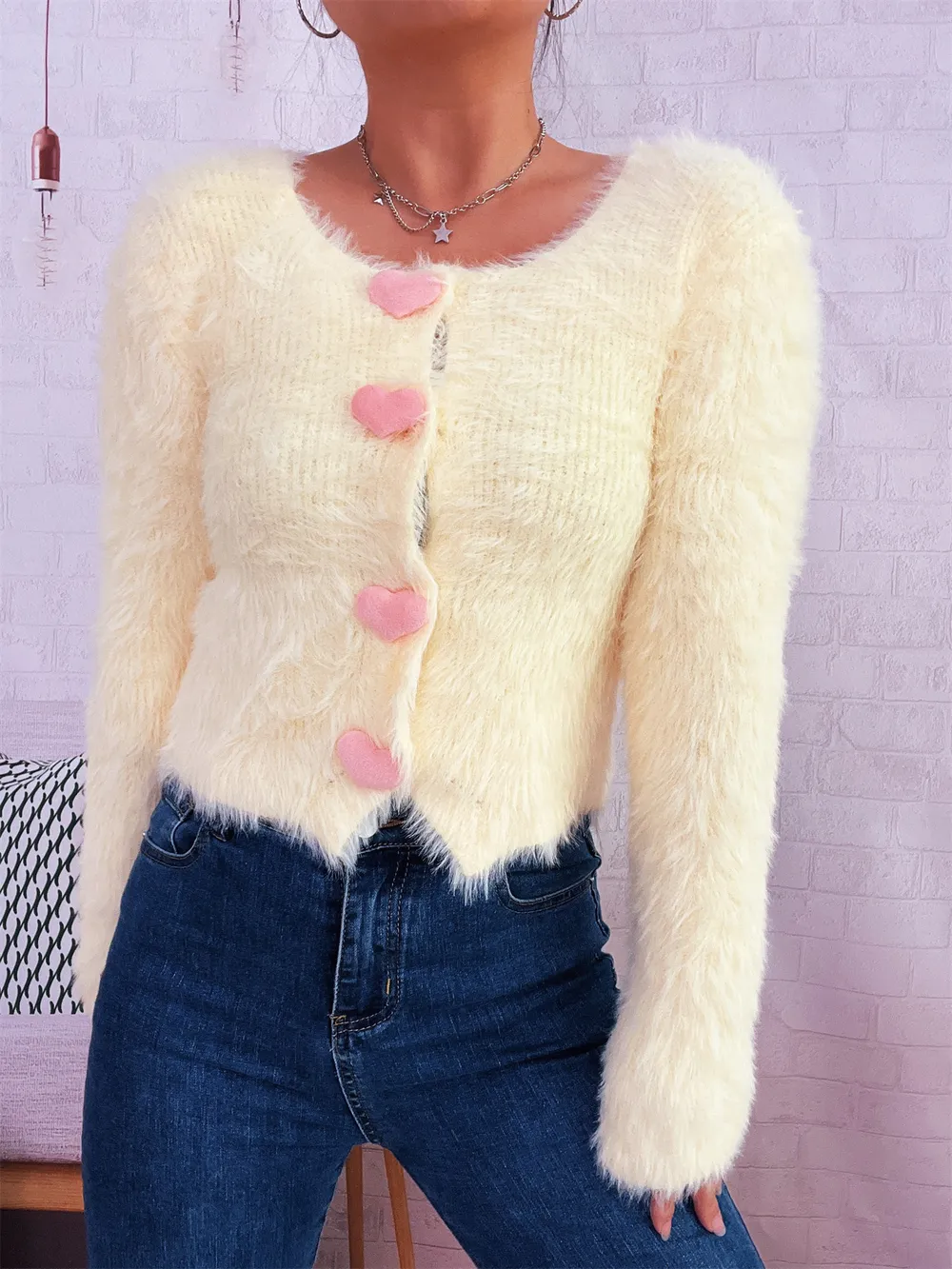 Fuzzy Heart Shape Button-Up Cardigan, image 25