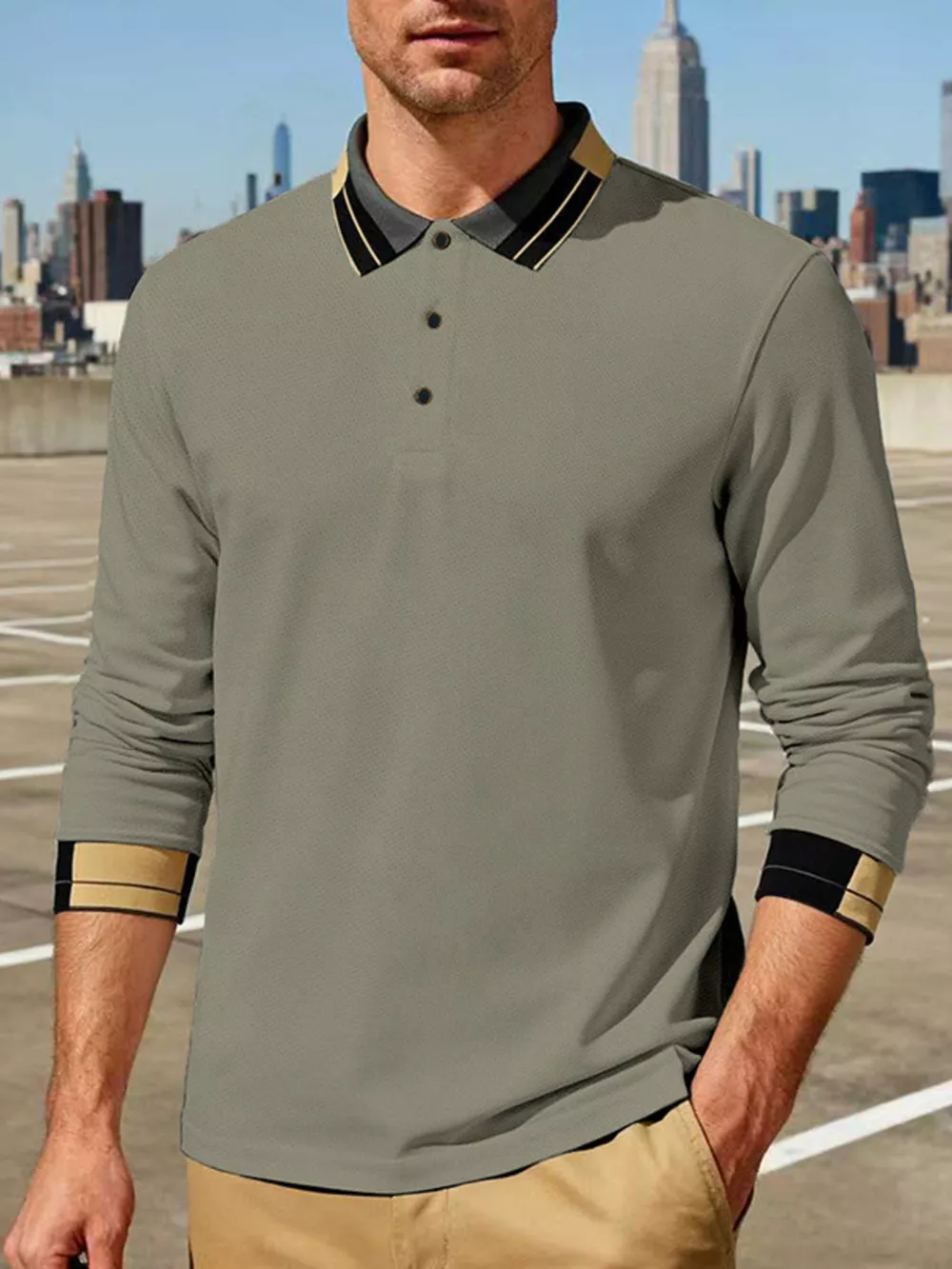Men's Full Size Button Detail Long Sleeve Polo Plus Size, image 5