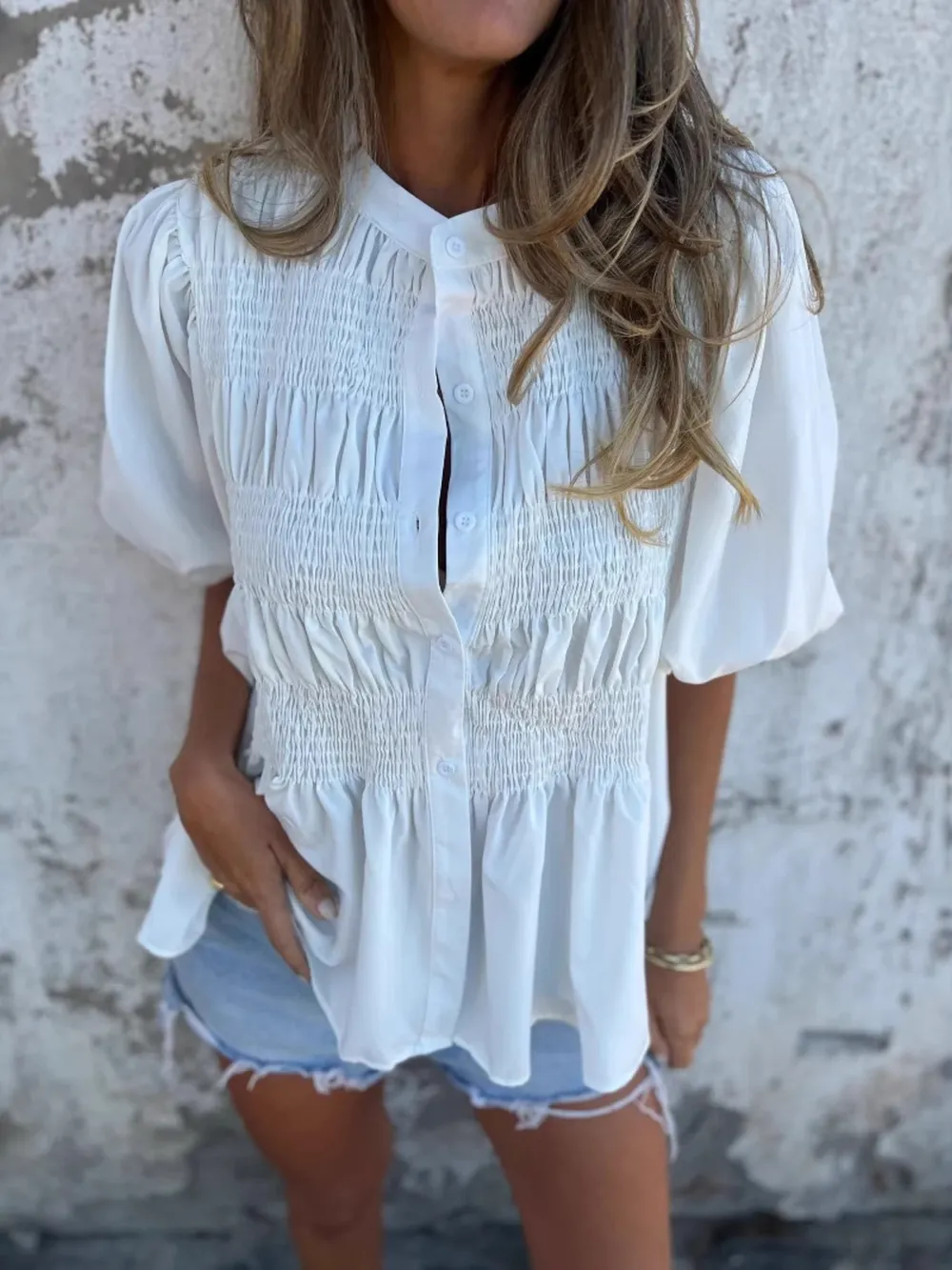 Full Size Smocked Button Front Puff Sleeve Shirt Plus Size, image 2