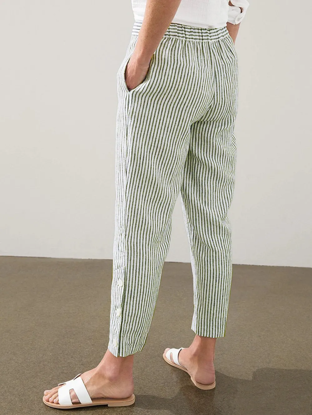 Full Size Striped Side Button Detail Pants Plus Size, image 14