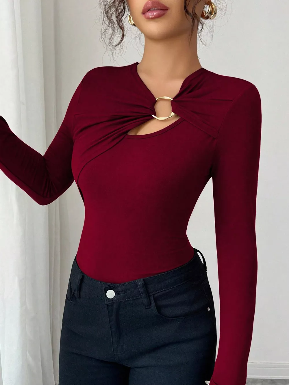 Twist Front Ring Detail Long Sleeve T-Shirt, image 6