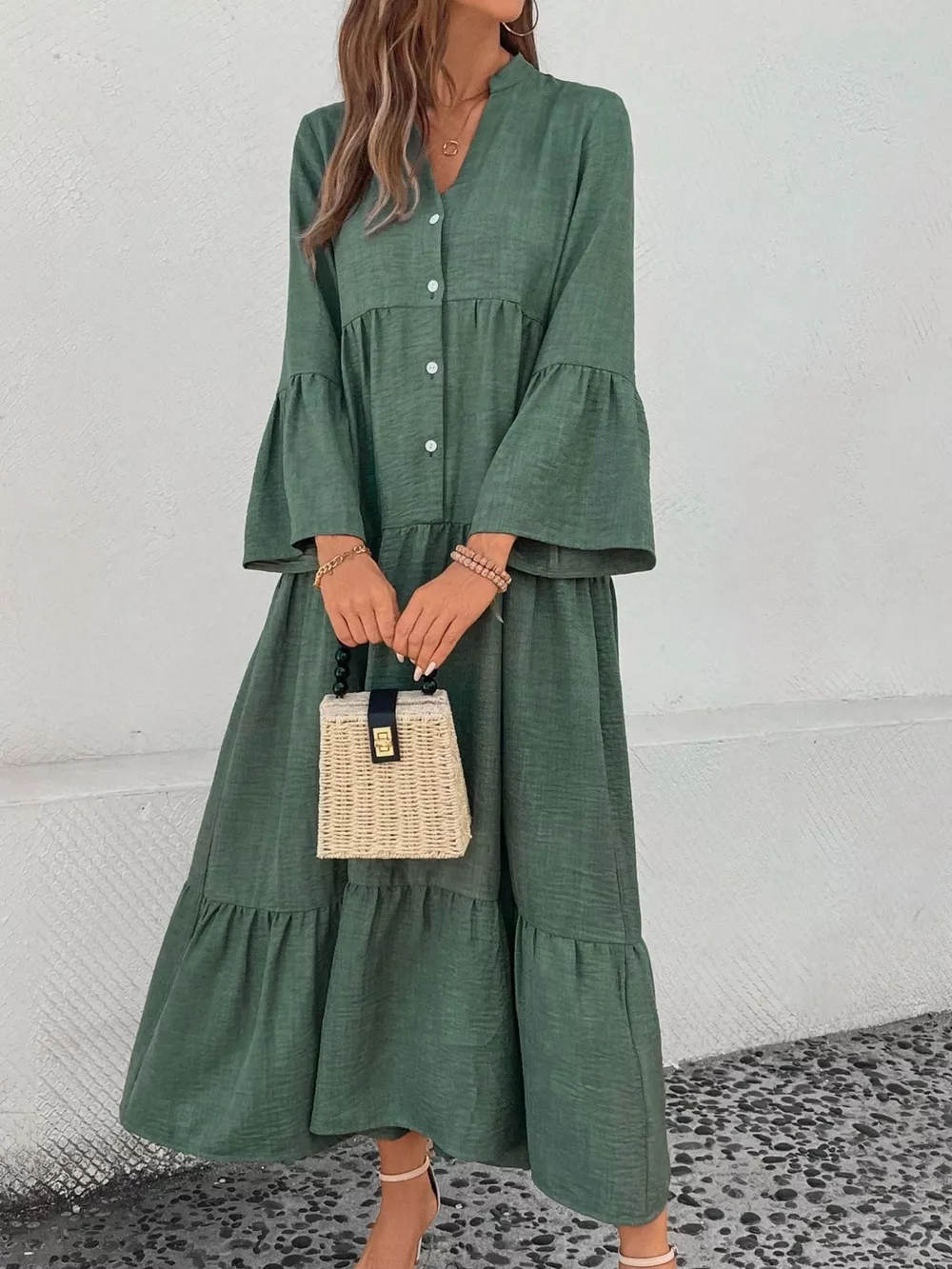 Ruffle Hem Button Front Tiered Dress, image 7