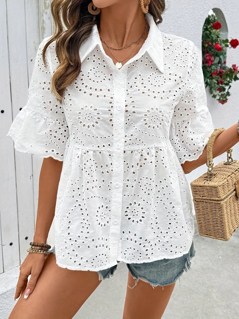 Eyelet Button Down Half Sleeve Shirt, image 3