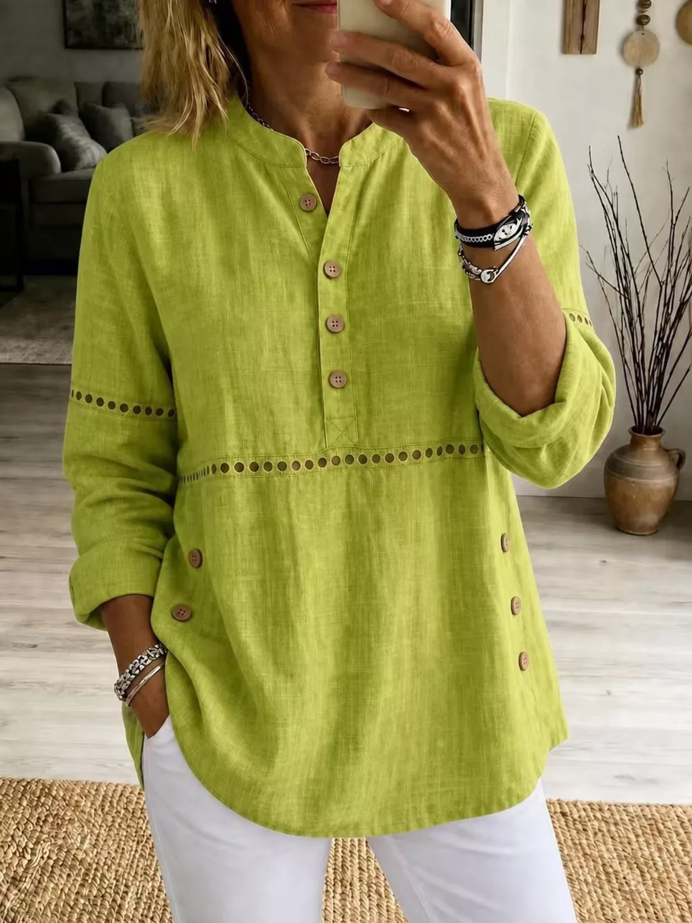 Full Size Button Detail Eyelet Long Sleeve Blouse Plus Size, image 22