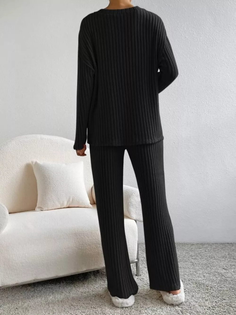 Ribbed Knit V-Neck Top and Pants Set, image 16