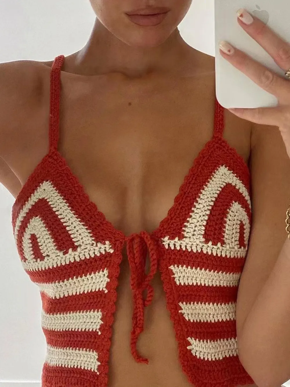Crochet Tie Front Striped Knit Cami, image 3