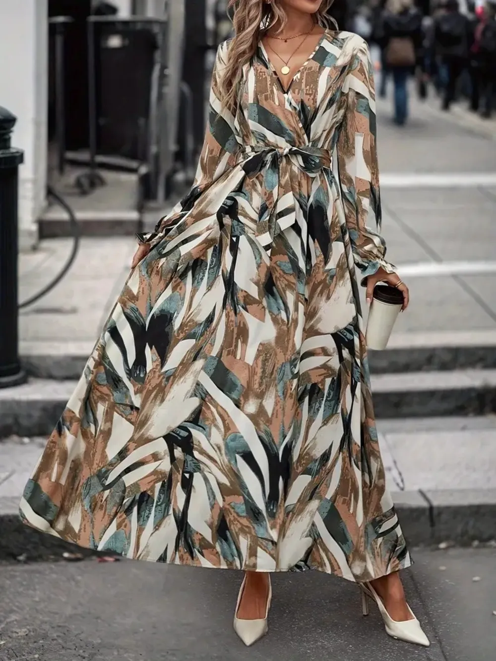 Printed Surplice Flounce Sleeve Maxi Dress, image 9