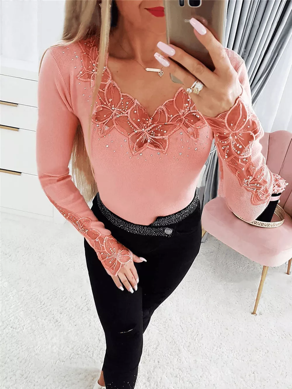 Elegant Lace Trim Long Sleeve Top, image 10