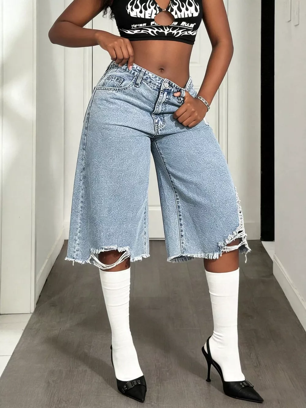 Distressed Wide-Leg Denim Shorts