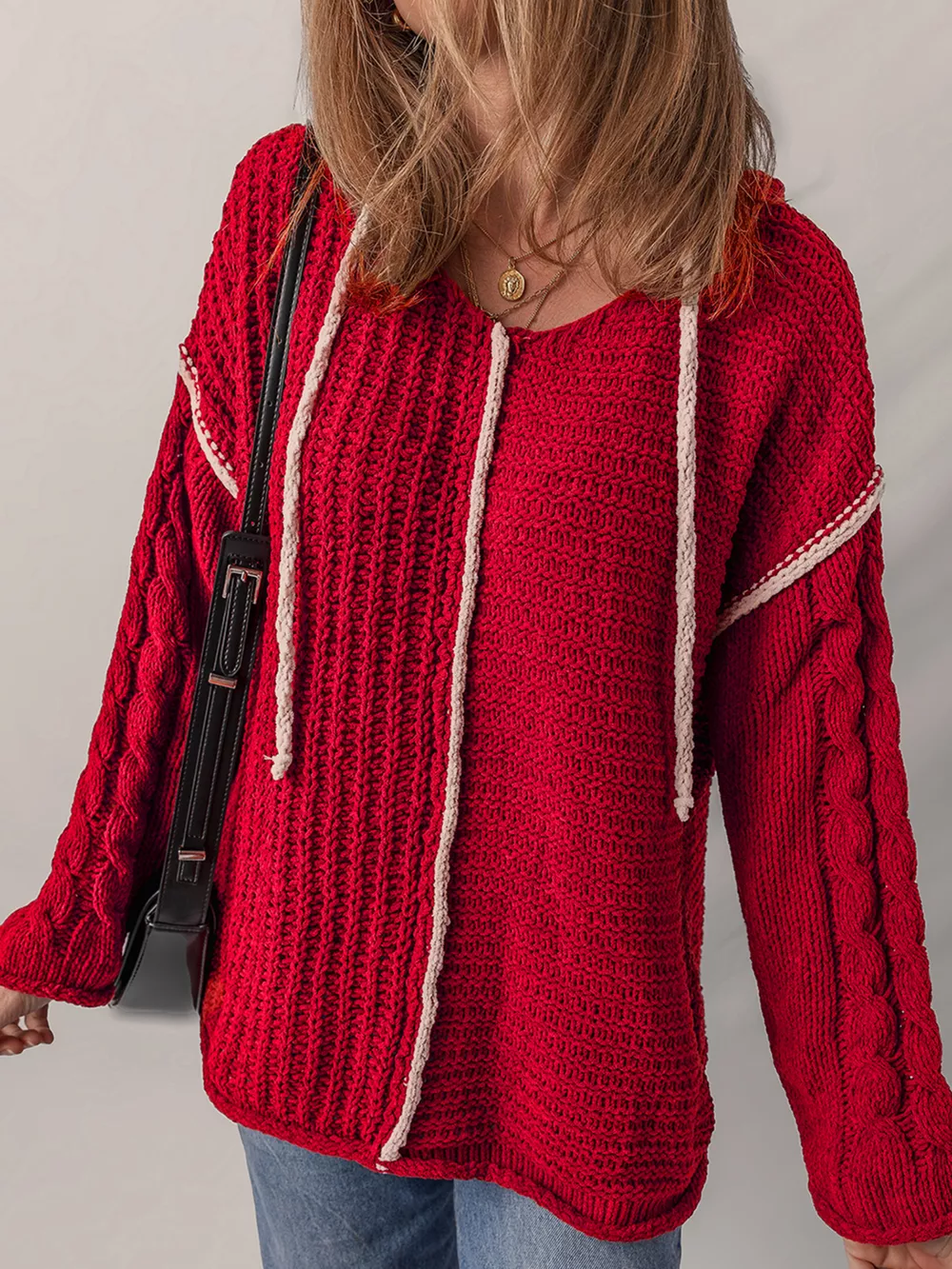 Contrast Trim Textured Knit Drawstring Hooded Sweater, image 8