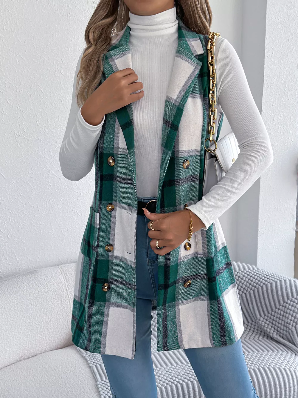 Plaid Double-Breasted Vest Coat, image 12