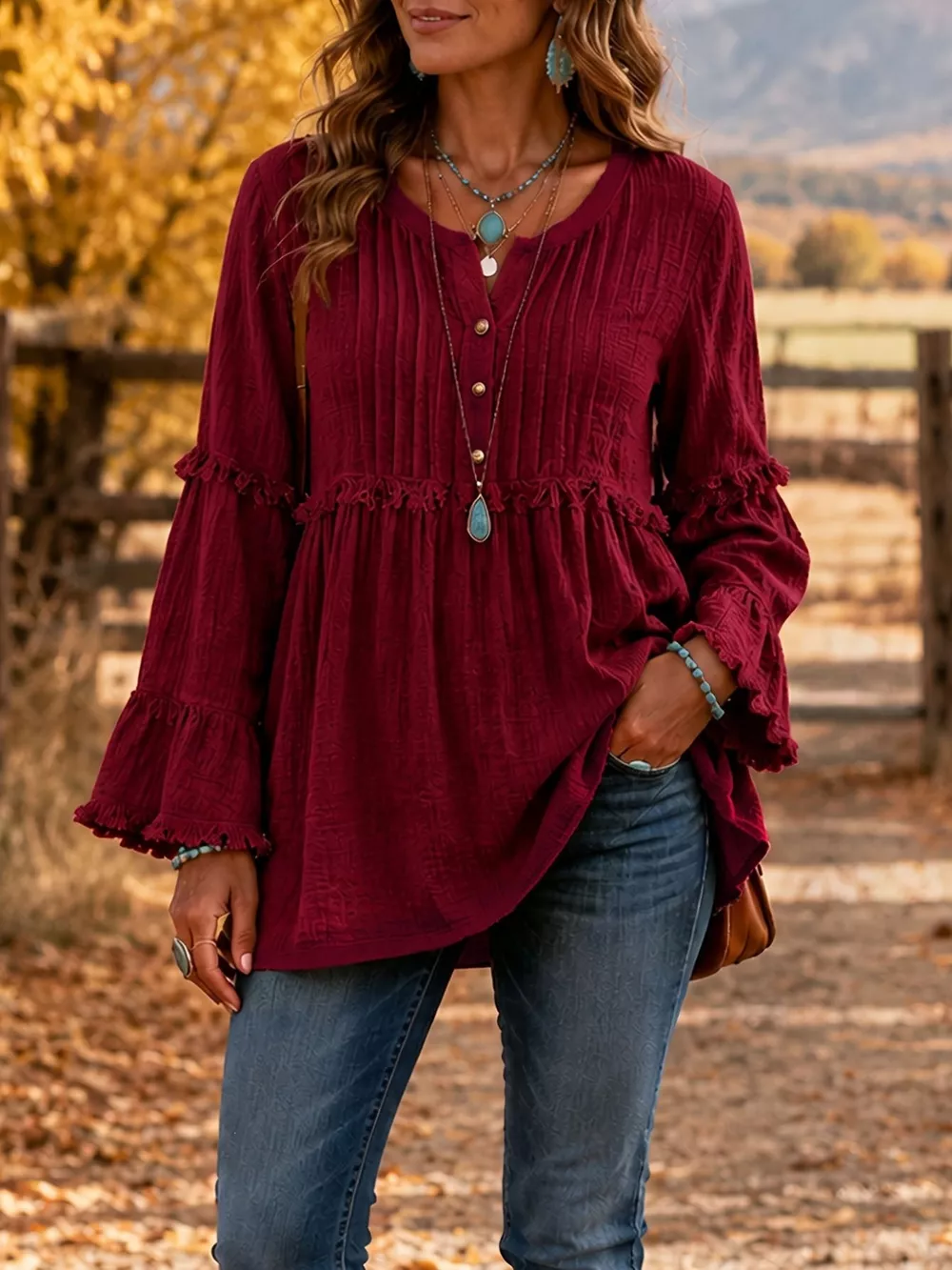 Full Size Fringe Trim Ruffle Sleeve Blouse Plus Size, image 6
