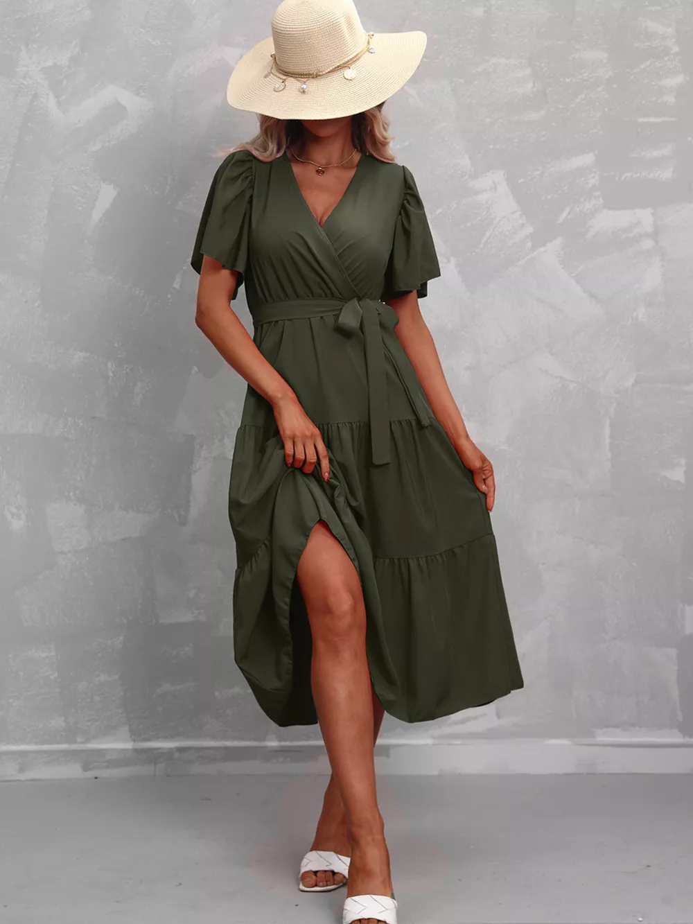 Flutter Sleeve Tiered Midi Dress